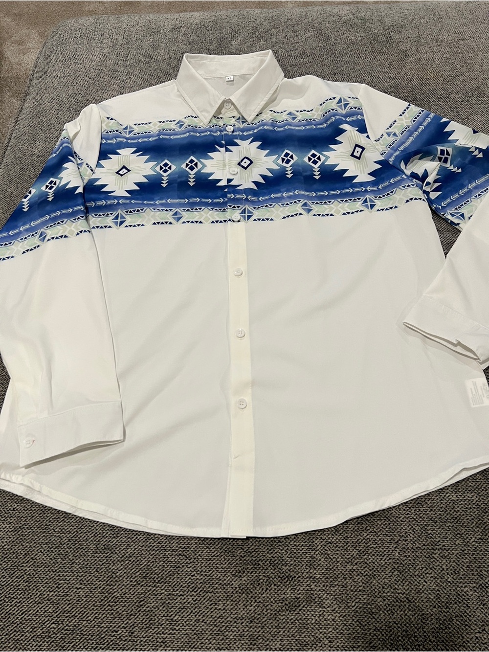 ON SALE!! Men’s White Button-Up Shirt with Blue Aztec Yoke